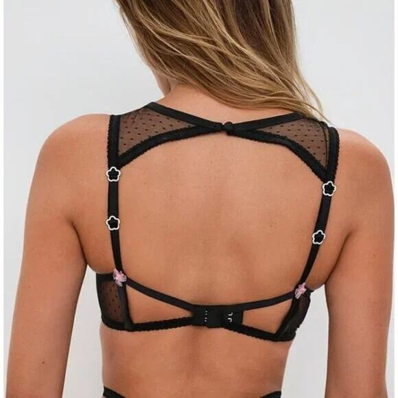 For Love and Lemons Clara Floral High Neck Underwire Bra Black Women's 38D NWT - Picture 3 of 11